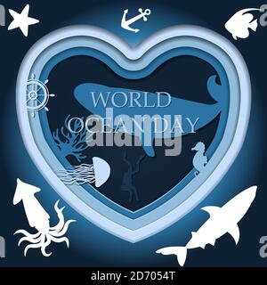 Cut out of blue and blue paper, a multi-layered picture of the underwater world. Vector illustration of the depth of the ocean with sea animals and algae in the form of a heart. Postcard for world ocean day on June 8. Poster for divers and environmentalists and the world s oceans. Stock Vector