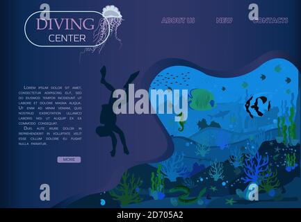 Scuba diving, deep diving and marine life in a flat design. Vector underwater seascape, ocean wildlife reef, exotic fish, scuba diver, portuguese boat-. Home page for the diving center, for the smartphone app. Poster for banners and ads. Graphic design. Stock Vector