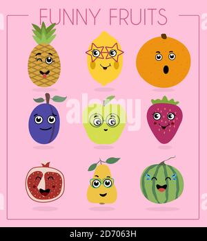 I love vegetables. Funny cartoon character. Vector illustration. A set of flat vegetables and fruits with cartoon faces. Funny characters from food. Different emotions laughter, embarrassment, surprise on watermelon, pear, pepper, pumpkin, cabbage, tomato, corn, carrot and eggplant. Stock Vector