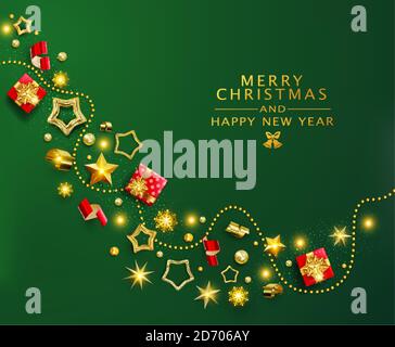 Green Christmas Banner. Vector Xmas Background with garland,  realistic gifts box,  snowflake and glitter gold and red confetti, gift box.Chic Christm Stock Vector