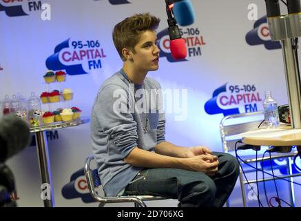 Justin Bieber being interviewed backstage at Capital FM's Summertime Ball at Wembley Stadium, London Stock Photo