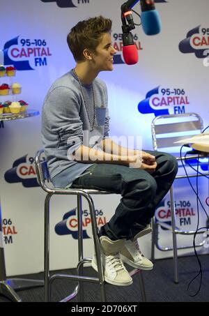 Justin Bieber being interviewed backstage at Capital FM's Summertime Ball at Wembley Stadium, London Stock Photo