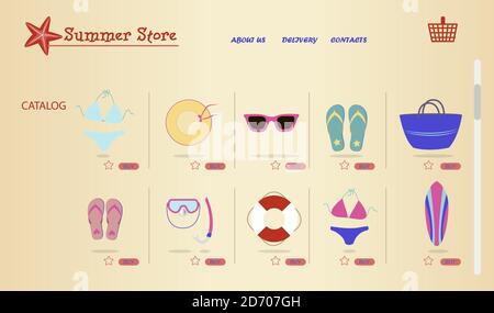 laptop screen with an online store of beach equipment and uniforms for surfing and sea recreation. Flat illustration of the site with products and their delivery to the buyer s home. A smartphone app or website selling everything for a beach holiday. Ads on your hobby s home page and a delivery box on your laptop. Stock Vector