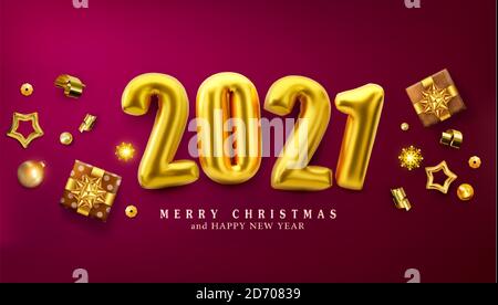 Red Christmas Banner.Vector holiday Background with by volumetric figures 2021, realistic gifts box, snowflake and glitter gold  confetti, stars. Chic Stock Vector