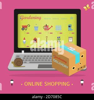 laptop screen with an online store of gardening and garden equipment. Flat illustration of the site with products and their delivery to the buyer s home. An app or website selling everything for home and garden with ads on the main page Stock Vector