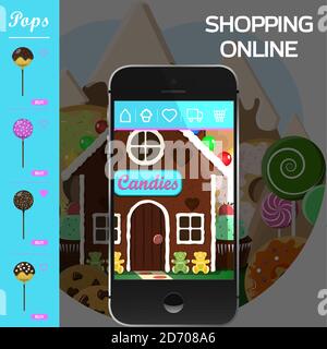 online application for a sweet shop and bakery. Gingerbread house as a store of sweets, cakes, cakes and donuts with fast home delivery. ordering via a smartphone, tablet, or website. Vector illustration for advertising Stock Vector