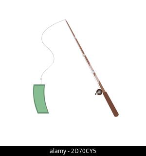 Making money online. Illustration of a banknote on a fishing rod. Flat style Stock Vector