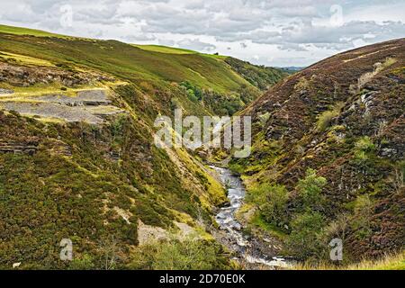 River (Afon)) Aled flowing through a typical V shaped valley on the Denbigh Moors (Mynydd Hiraethog) North Wales UK Septembern2019 1034 Stock Photo