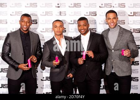 (Left to right) Oritse Williams, Aston Merrygold, J B Gill and Marvin Humes of JLS, pictured at the launch of their new fragrance, JLS Love, at One Mayfair in Central London. Stock Photo