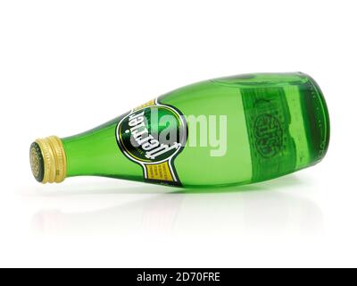 BUCHAREST, ROMANIA - AUGUST 13, 2015. Bottle of Perrier Sparkling Natural Mineral Water, fortified with gas from the spring Stock Photo