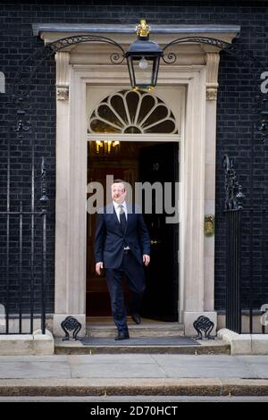 Prime Minister David Cameron makes a statement outside 10 Downing Street in London, after Baroness Thatcher died at the age of 87 following a stroke. Stock Photo