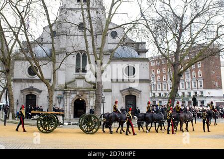 The gun carriage arrives at St Clement Danes church, in preparation for Baroness Thatcher's funeral procession. Stock Photo