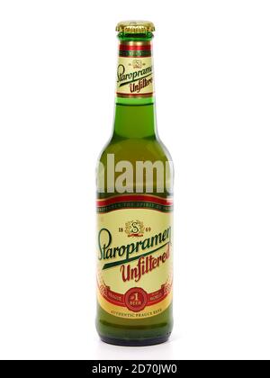 BUCHAREST, ROMANIA â?? AUGUST 3, 2015. Bottle of Staropramen Unfiltered Beer isolated on white Stock Photo