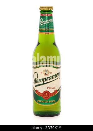 BUCHAREST, ROMANIA - AUGUST 12, 2015. Bottle of Staropramen Premium Beer isolated on white Stock Photo