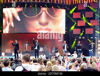 Max George, Nathan Sykes, Tom Parker, Jay McGuiness, and Siva Kaneswaran of the Wanted on stage during Capital FM's Summertime Ball at Wembley Stadium, London. Stock Photo