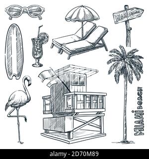 Miami beach landmark symbols. Florida vacation design elements set. Vector doodle sketch illustration. Hand drawn icons, isolated on white background Stock Vector