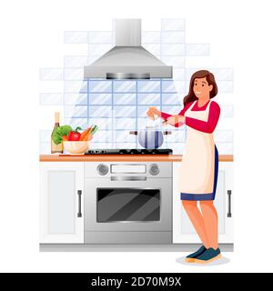 Happy woman cooking vegetable soup in kitchen. Young girl in apron makes healthy lunch or dinner. Vector characters illustration. Home meal recipes, l Stock Vector