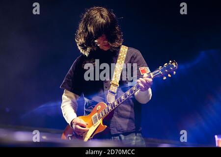 John Squire of The Stone Roses performing at the Isle of Wight Festival, in Seaclose Park, Newport, Isle of Wight. Stock Photo