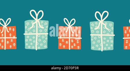 Christmas presents seamless vector border horizontal. Repeating pattern with wrapped gift boxes red green white. Christmas gift box with bows design Stock Vector