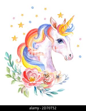 Watercolor cute unicorn portrait with beautiful flowers Stock Photo