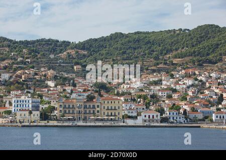 Spetsai, Greece - October 18, 2017:  Magnificent historic town in island of Spetses with traditional character and neoclassic houses in Saronic gulf, Stock Photo