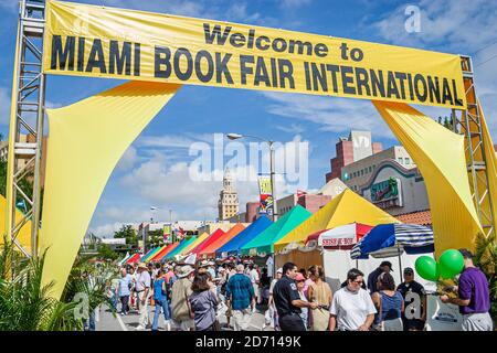 Miami Florida,International Book Fair festival,welcome banner sign entrance tents vendors booths stalls annual Stock Photo