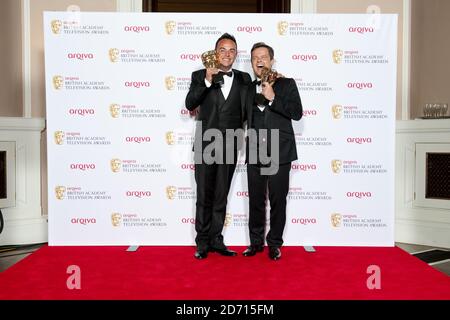 Anthony McPartlin and Declan Donnelly (right) with the Entertainment Performance Award for Ant and Dec's Saturday Night Takeaway, at the 2014 Arqiva British Academy Television Awards at the Theatre Royal, Drury Lane, London. Stock Photo