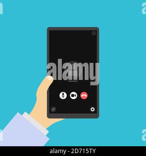 Phone in hand, video call. Video conversation icon. Video conference. Layout of video conferences and online meetings Stock Vector