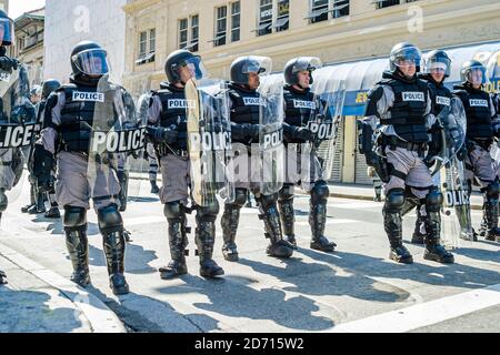 Miami Florida,Biscayne Boulevard,Free Trade Area of Americans Summit FTAA demonstrations,police policemen riot gear shields, Stock Photo