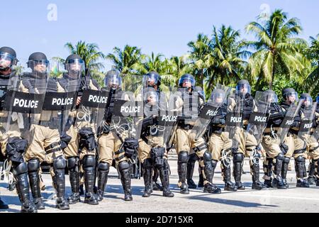 Miami Florida,Biscayne Boulevard,Free Trade Area of Americans Summit FTAA demonstrations,police policemen riot gear shields, Stock Photo