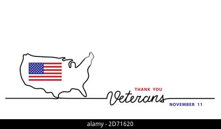 Thank you veterans simple vector banner, poster, background with flag and usa map. Single line art illustration with lettering veterans Stock Vector