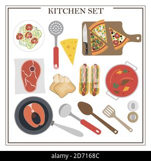 Set of kitchen items and dishes for dinner. Vector illustration of a dining table with soup, hot dogs, salad, pizza, fish, meat, juice and appliances. Flat design for a restaurant, menu, home interior dining room or cooking site. Wooden table with tablecloth, flowers and serving. Stock Vector