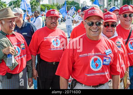 Miami Florida,Biscayne Boulevard,Free Trade Area of Americans Summit FTAA demonstrations,protesters United Steelworkers LCLAA Hispanic men union membe Stock Photo