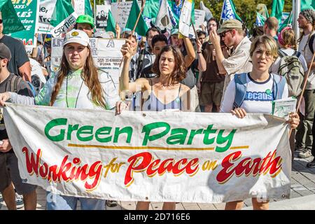 Miami Florida,Biscayne Boulevard,Free Trade Area of Americans Summit FTAA demonstrations,protesters banner Green Party marching, Stock Photo