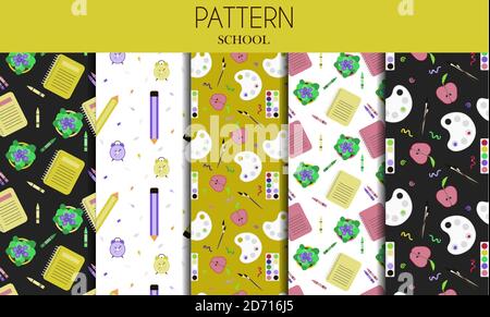 A set of seamless patterns with school stationery items. Flat vector design for school, office, store or website. Set of items books, notebooks, markers, pens, folders, paints, scissors, paper clips, palettes, glasses, rulers. Bright background for web, ad, or app. Stock Vector