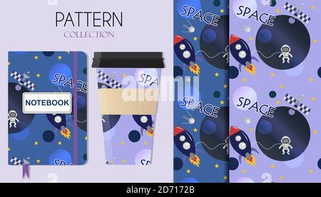 Seamless pattern of cartoon space in blue and purple tones. Planets, stars, a rocket, an astronaut and a space Shuttle in a pattern on a Notepad and a Cup of coffee as an example. Bright cute vector pattern. Comic space with planets and spaceships. Rocket cartoon, star and science design. Vector seamless pattern Stock Vector
