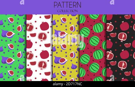 A set of seamless patterns with berries. Flat design of illustrations with pomegranate, watermelon and figs. Vector patterns in one bright color scheme on a summer theme. Delicious, Botanical illustrations for advertising restaurants, stores, or grocery stores. eps 10 Stock Vector