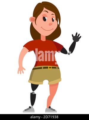 Woman with prosthetic arm and leg. Female character in cartoon style. Stock Vector