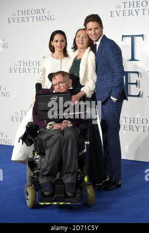 Eddie Redmayne, Felicity Jones, Stephen Hawking and Jane Wilde Hawking arriving at the Theory Of Everything UK Premiere held at Odeon Leicester Square, London Stock Photo