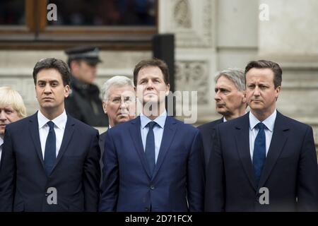 (L-R) Ed Miliband, Nick Clegg and David Cameron pictured attending a service of remembrance at the Cenotaph in Whitehall, London to mark the 70th anniversary of VE day. Stock Photo