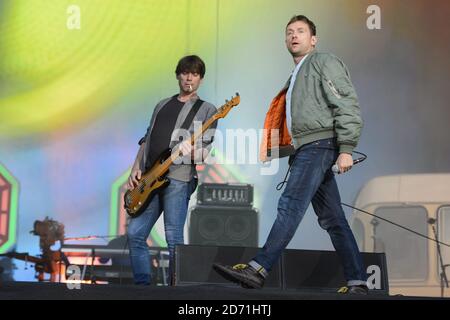 Damon Albarn and Alex James of Blur performing at the British Summertime Festival in Hyde Park, London.  Stock Photo