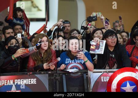 Fans attending the Captain America: Civil War European Premiere held at Vue Westfield in Shepherd's Bush, London.  Stock Photo