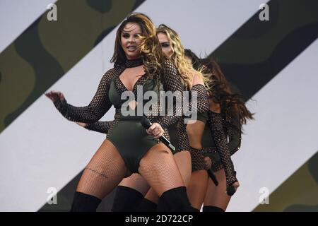 Little Mix performing during the V Festival at Hylands Park in Chelmsford, Essex. Picture date: Sunday August 21, 2016. Photo credit should read: Matt Crossick/ EMPICS Entertainment. Stock Photo