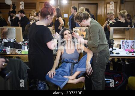 Models prepare backstage for the Osman Spring/Summer 2017 London Fashion Week show, held at Church House, Westminster, London. Picture date: Monday September 19, 2016. Photo credit should read: Matt Crossick/ EMPICS Entertainment. Stock Photo