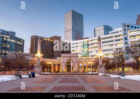 Denver, Colorado, USA downtown cityscape in Civic Center park at dusk. Stock Photo