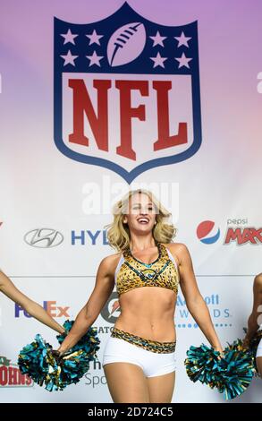 Jacksonville Jaguars cheerleaders perform at NFL on Regent Street, in central London. The fan event saw the street closed to traffic, to promote the International Series game at Wembley between the Indianapolis Colts and Jacksonville Jaguars taking place tomorrow. Picture date: Saturday October 1, 2016. Photo credit should read: Matt Crossick/ EMPICS Entertainment. Stock Photo