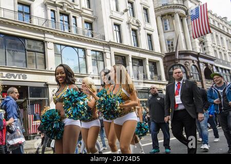 Jacksonville Jaguars cheerleaders pictured at NFL on Regent Street, in central London. The fan event saw the street closed to traffic, to promote the International Series game at Wembley between the Indianapolis Colts and Jacksonville Jaguars taking place tomorrow. Picture date: Saturday October 1, 2016. Photo credit should read: Matt Crossick/ EMPICS Entertainment. Stock Photo