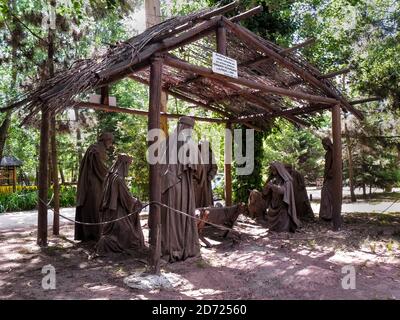 SANTA TERESITA, LA COSTA, BUENOS AIRES, ARGENTINA - Dec 02, 2012: Christmas manger with sculptures of sand and resins by Fernando Incaurgarat and Alfr Stock Photo