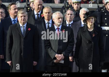 SNP Deputy Leader Angus Robertson, Labour leader Jeremy Corbyn, Prime Minister Theresa May, and former prime ministers David Cameron, Tony Blair and John Major, during the annual Remembrance Sunday Service at the Cenotaph memorial in Whitehall, central London, held in tribute for members of the armed forces who have died in major conflicts. Picture date: Sunday November 13th, 2016. Photo credit should read: Matt Crossick/ EMPICS Entertainment. Stock Photo