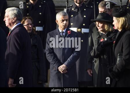 Mayor of London Sadiq Khan during the annual Remembrance Sunday Service at the Cenotaph memorial in Whitehall, central London, held in tribute for members of the armed forces who have died in major conflicts. Picture date: Sunday November 13th, 2016. Photo credit should read: Matt Crossick/ EMPICS Entertainment.